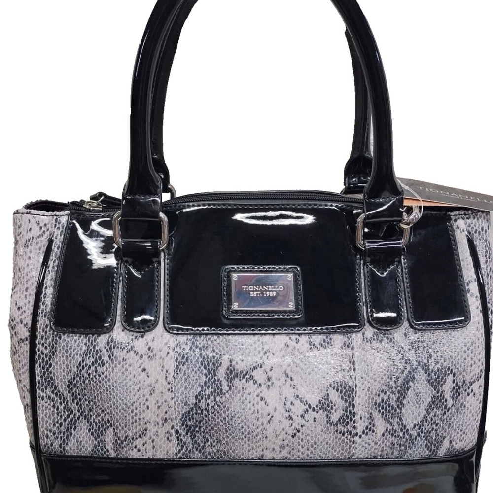 Tignanello Lady Q Status Black Patent & Gray Snake-Print Satchel - Never used